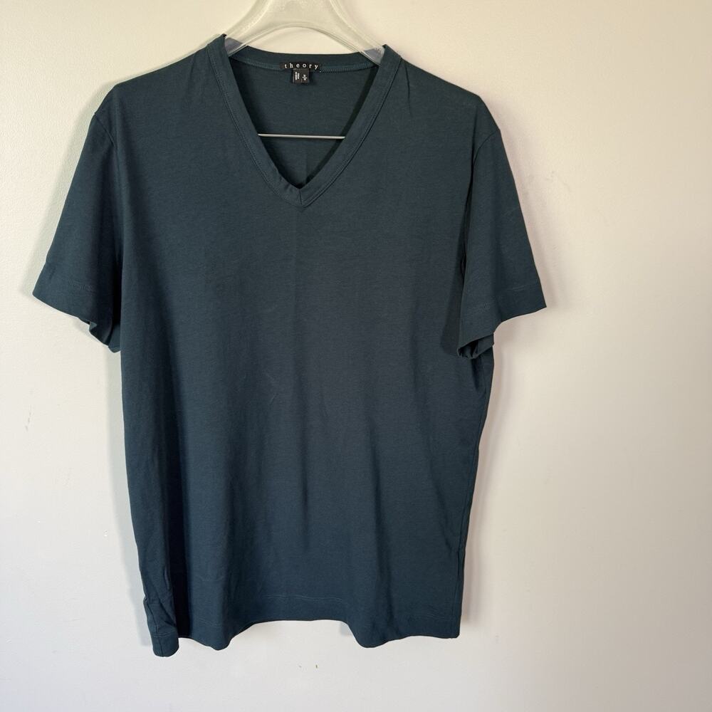 Theory Women Basic T-Shirt Dark Green V-Neck Short Sleeve Cotton Size M